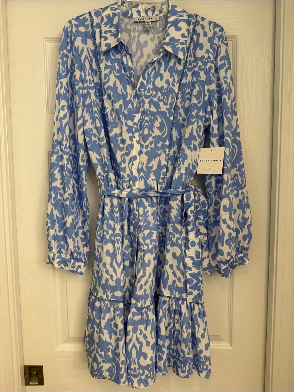 Ellen Tracy Blue & White Tiered Shirt Dress